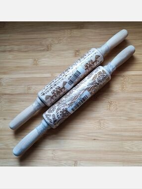 2 Wooden Christmas Holiday Embossed Rolling Pins Reindeer Trees Scroll Pattern